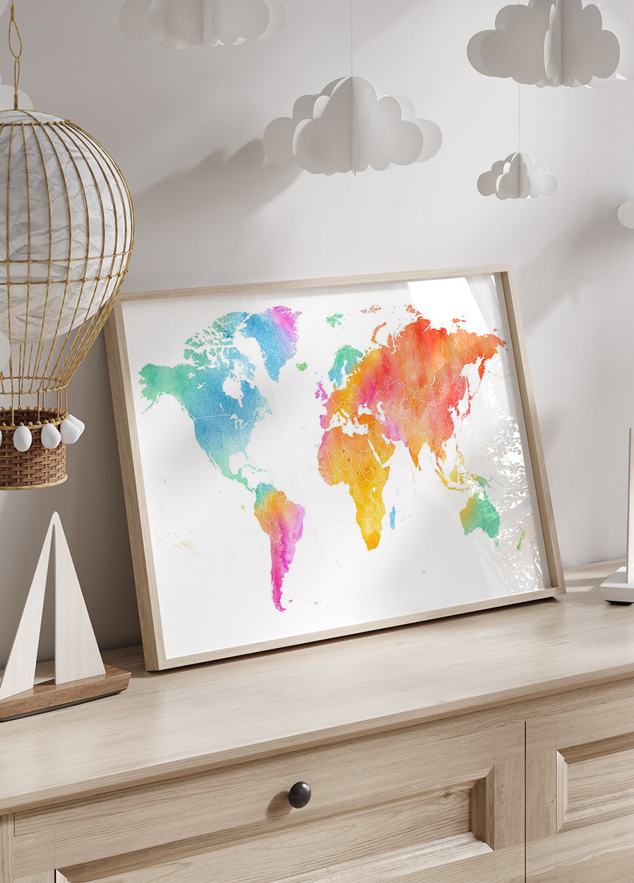 Multicolor Watercolor World Map Plakat - Posterbox.dk