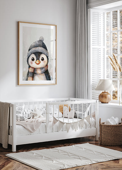 Watercolor Cute Baby Penguin in a Hat Plakat