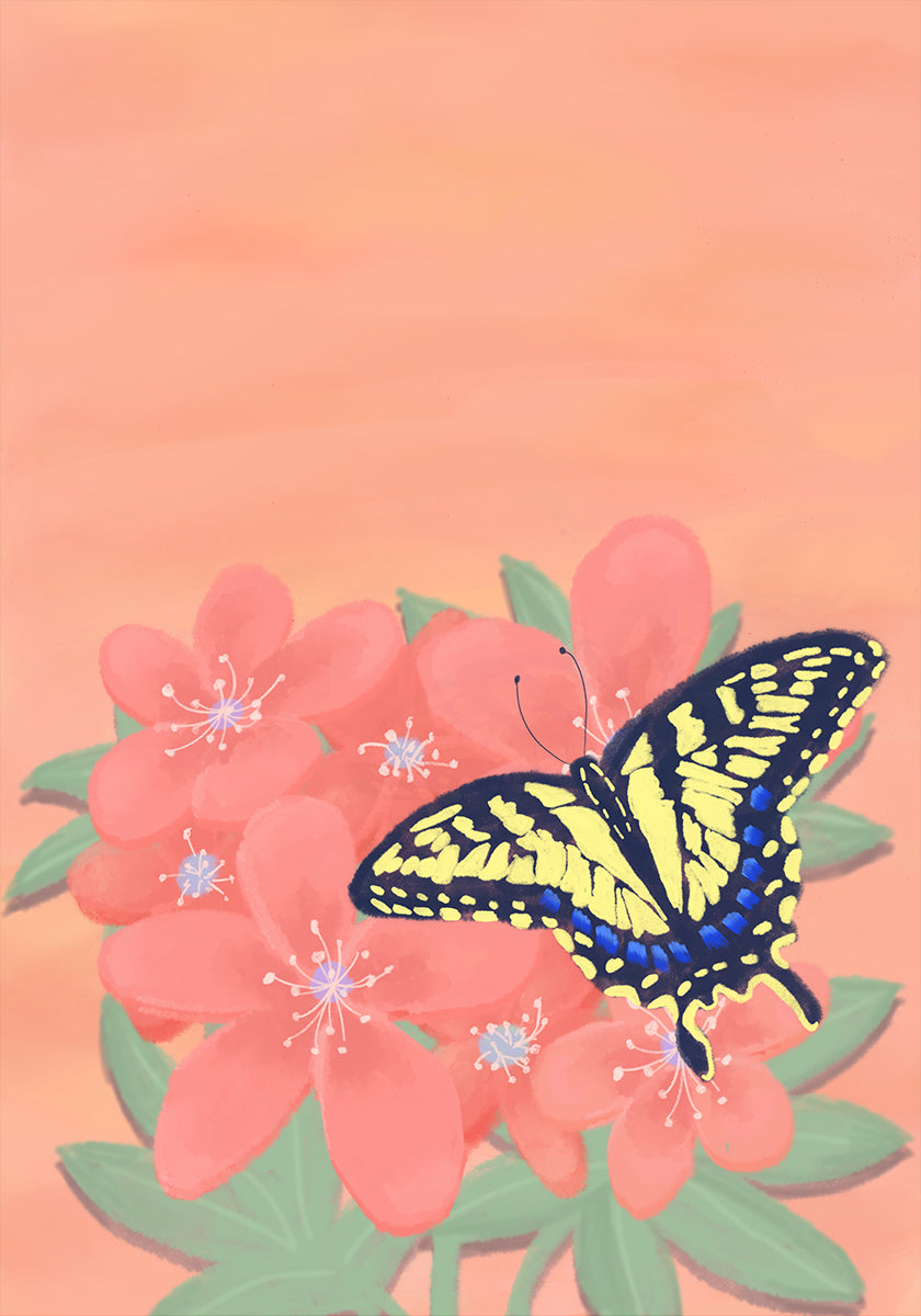A vibrant digital illustration of a butterfly with yellow and black wings perched on pink flowers against a peach-colored background.