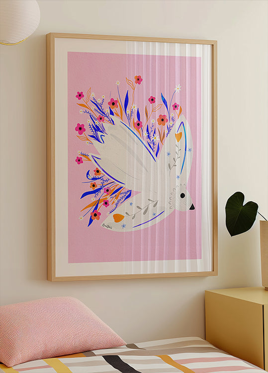 Bird in Flowers Pink illustration Plakat - Posterbox