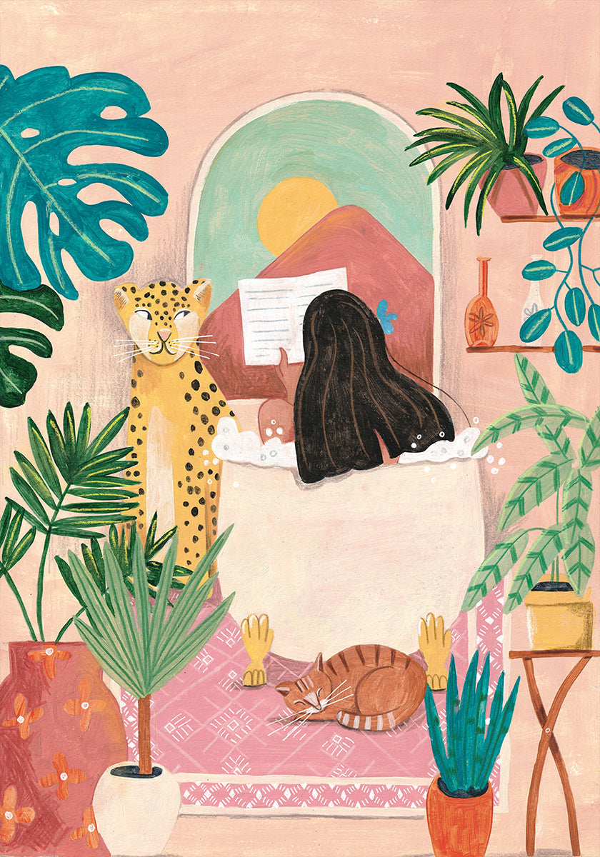 Woman taking bath in pink tropical bathroom Plakat - Posterbox