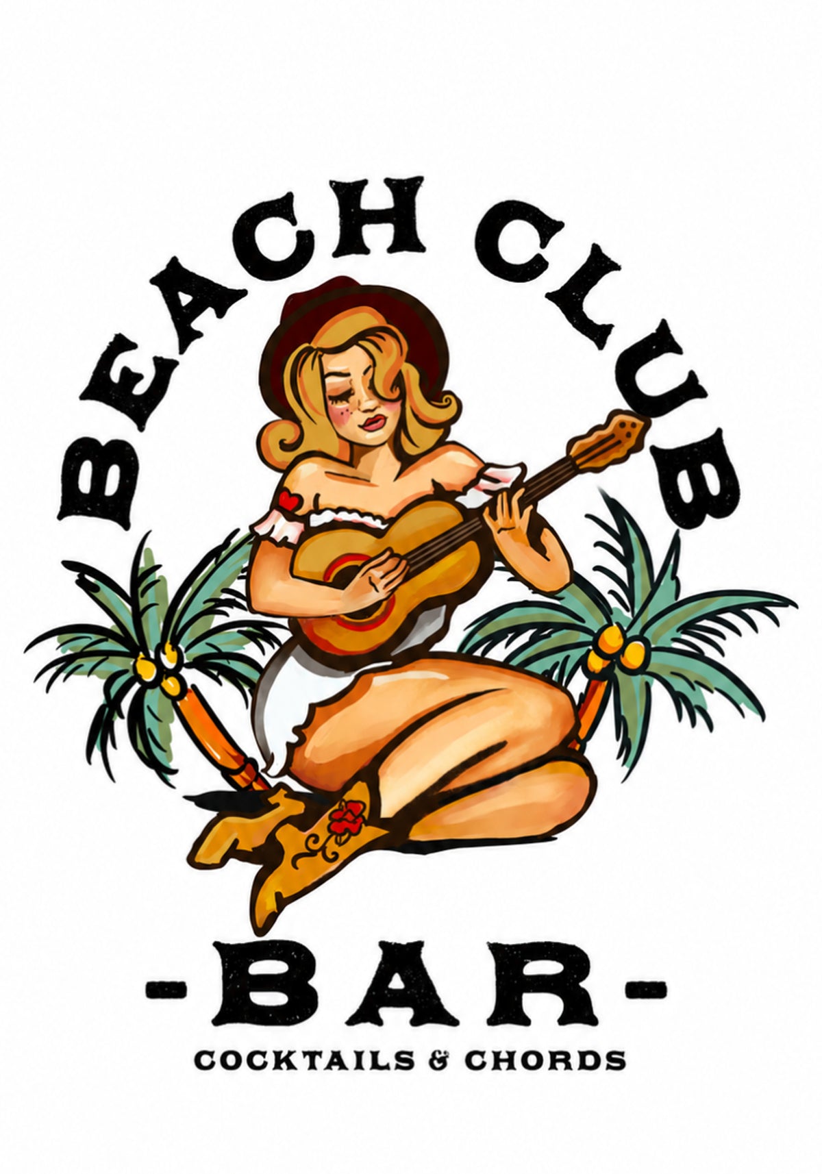 Beach Club Bar. Sailor Jerry Style Pin-up Girl Playing Guitar - Posterbox