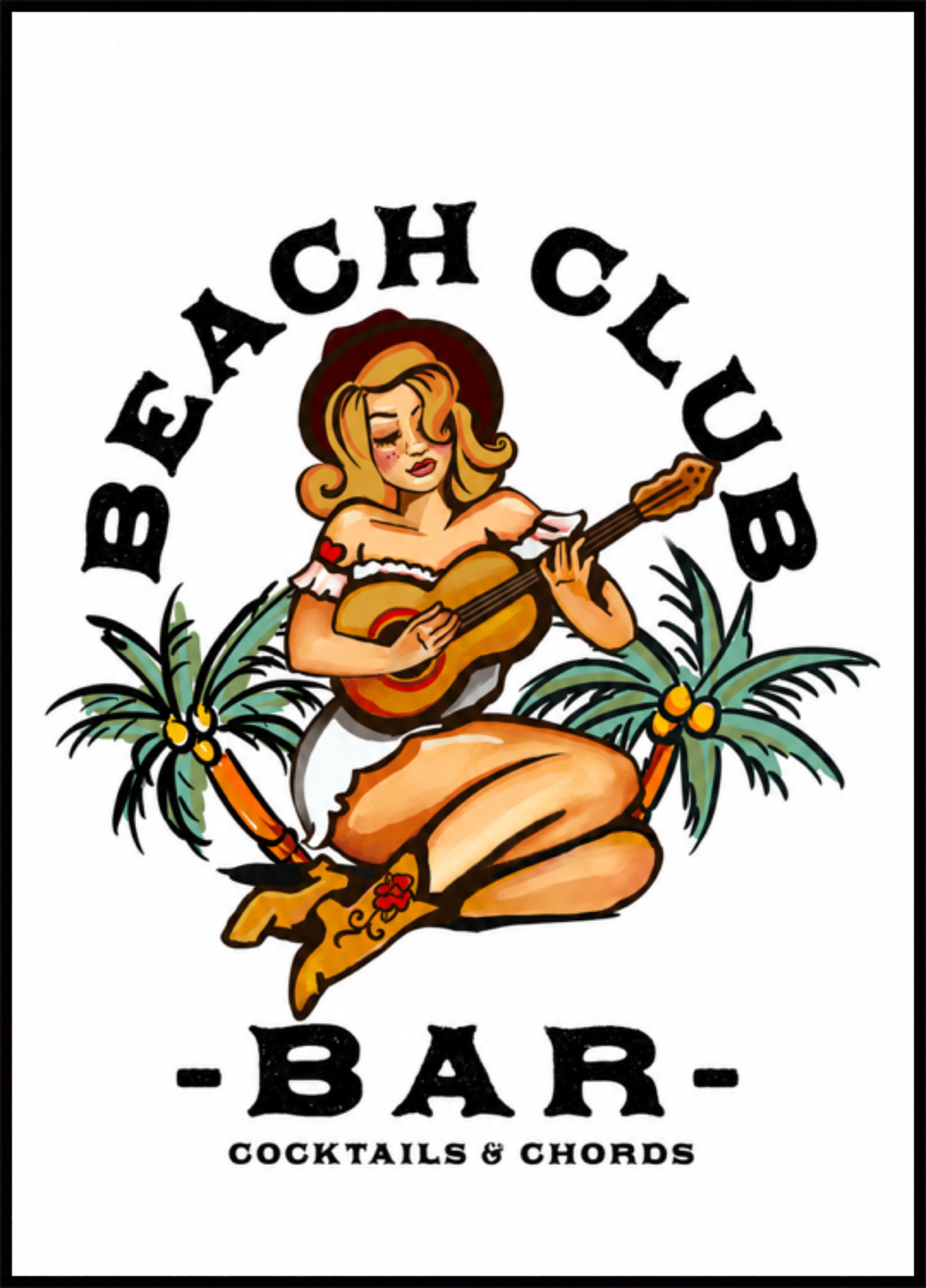 Beach Club Bar. Sailor Jerry Style Pin-up Girl Playing Guitar
