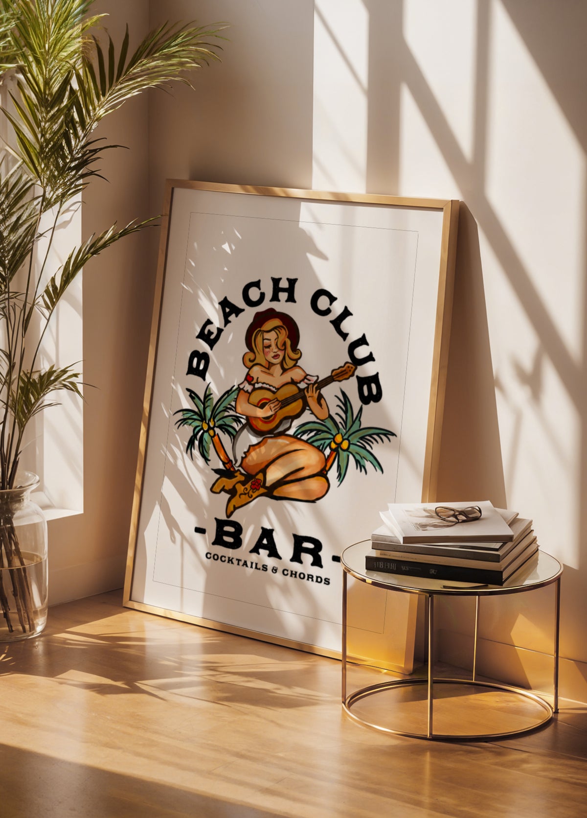 Beach Club Bar. Sailor Jerry Style Pin-up Girl Playing Guitar - Posterbox