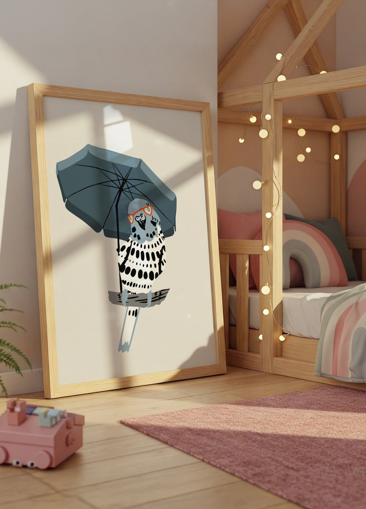 Stylish Budgie Under Umbrella