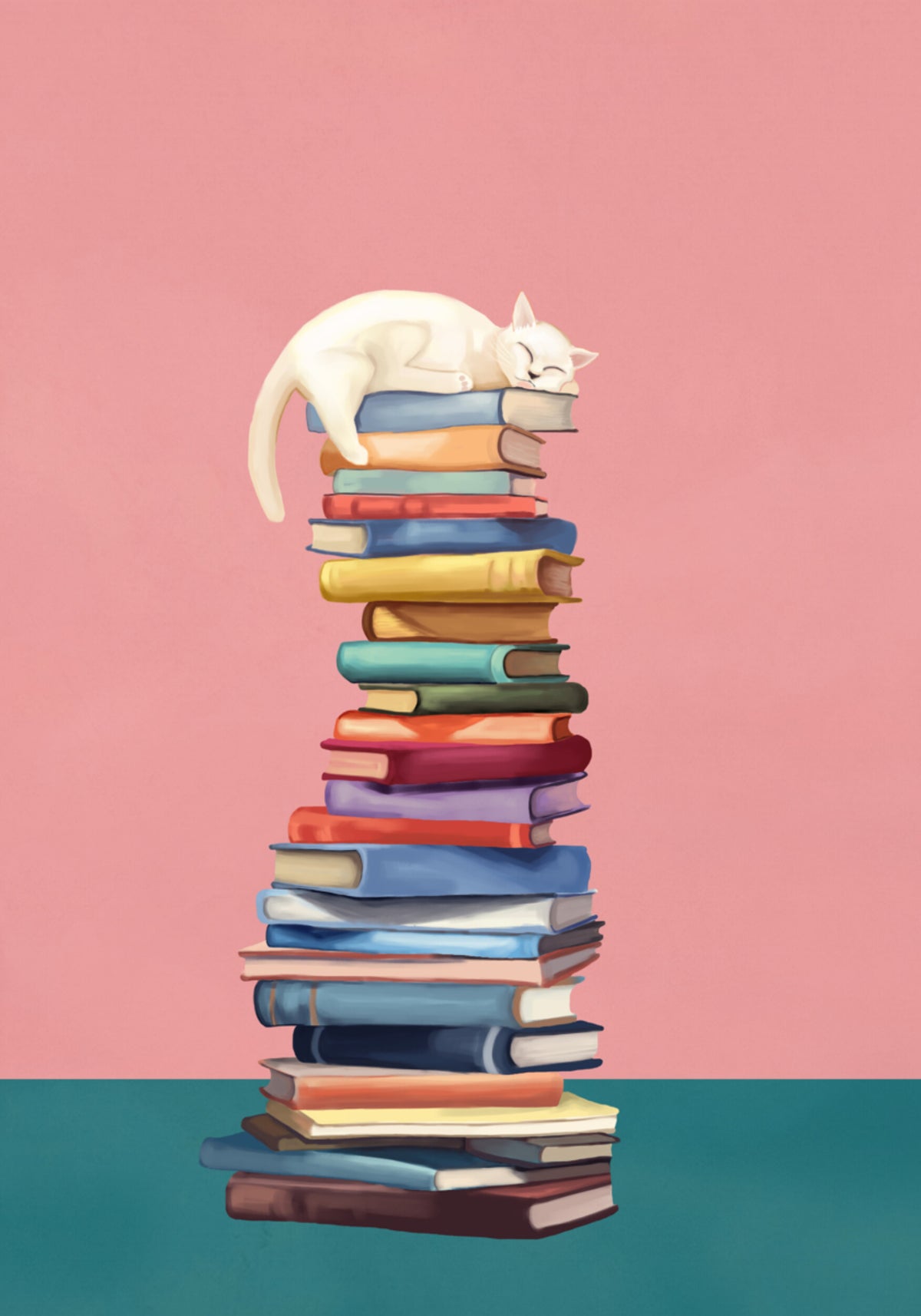 Cozy Cat on Colorful Books - Posterbox