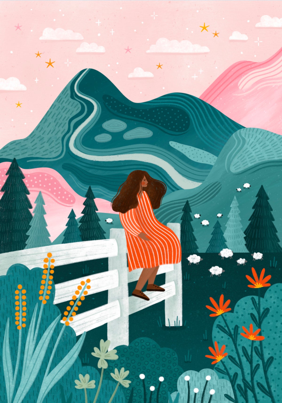 Woman Rural Starry Night