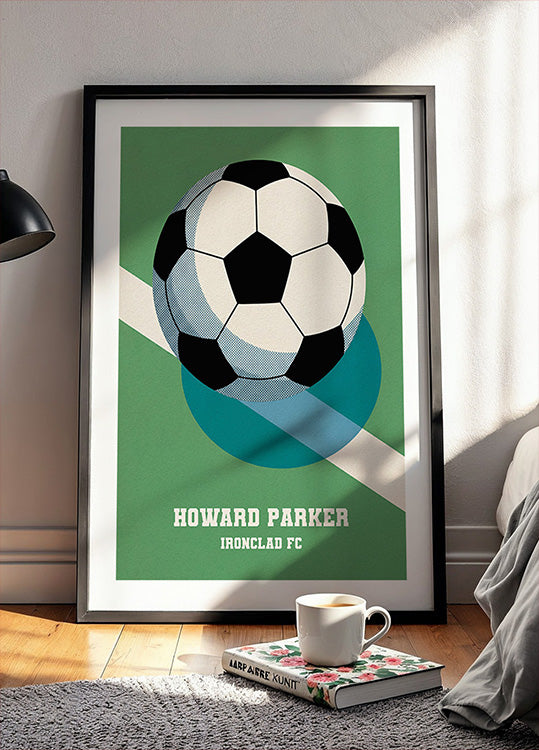 Retro fodboldplakat med sort-hvid bold