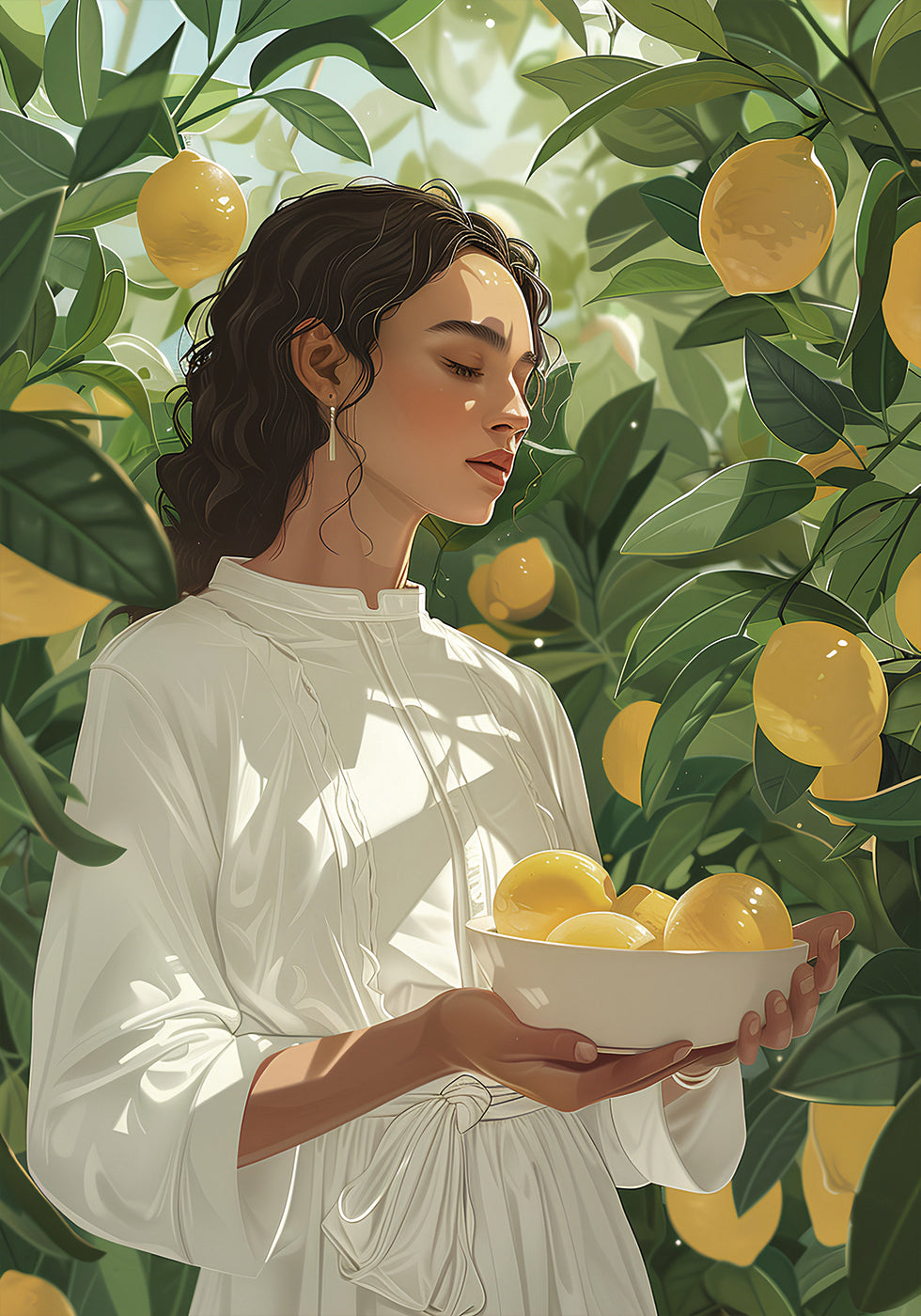 a painting of a woman holding a bowl of lemons