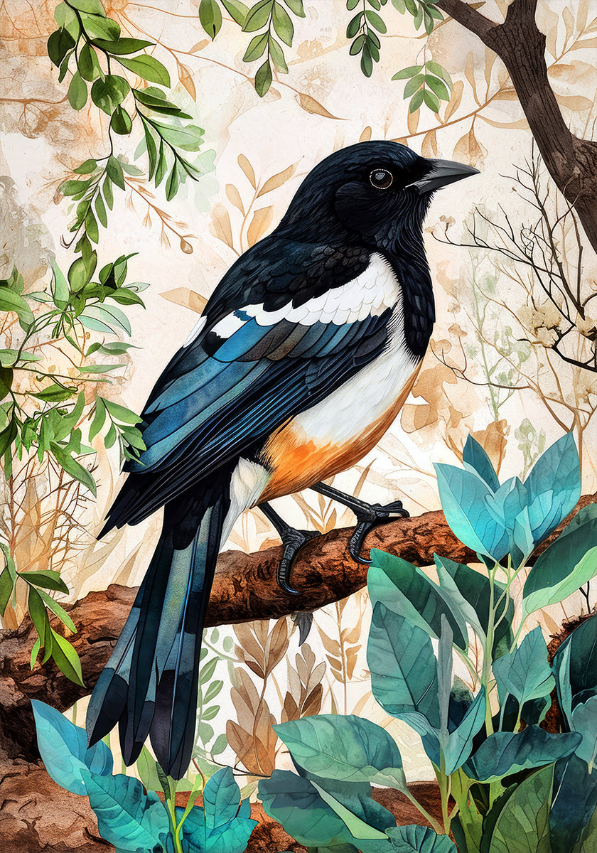 Animal Watercolor Art Bird Magpie Plakat - Posterbox