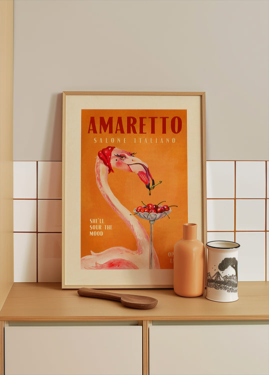 Amaretto Flamingo Art Deco Italian Cafe Travel Art Plakat