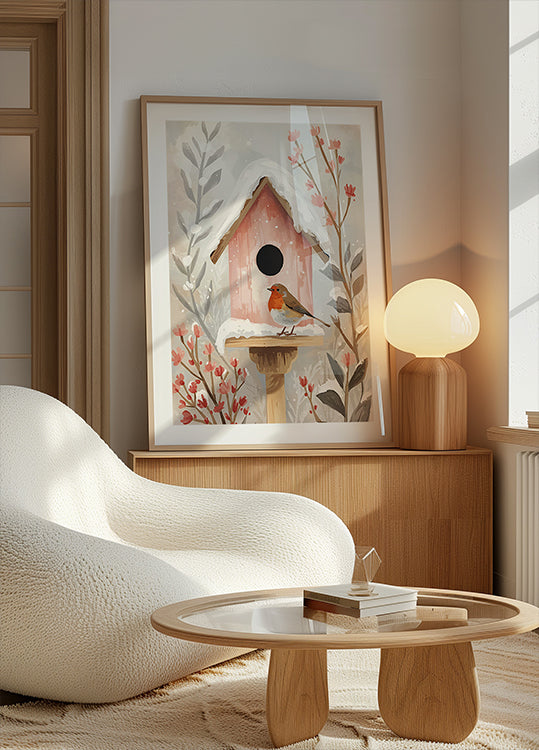 Vogelhaus mit Rotkehlchen und Pflanzen Plakat