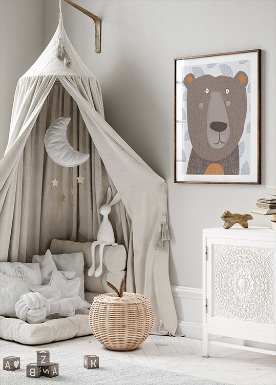 Cute Brown Bear with Grey Leaf Pattern by Artist Carla Plakat