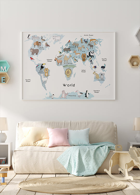 Illustrated Map of the World with Cute Animals Plakat