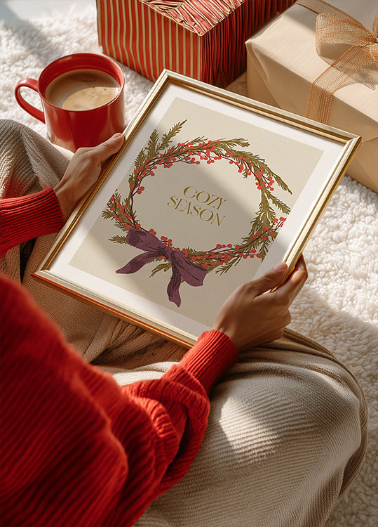 Cozy Season. Christmas wreath with bow Plakat - Posterbox