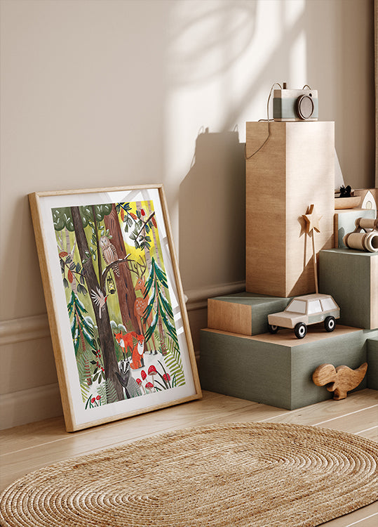 Green Christmas forest with animals Plakat