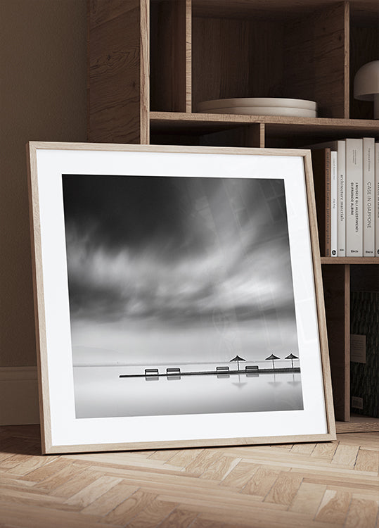 Four Benches and three umbrellas Plakat