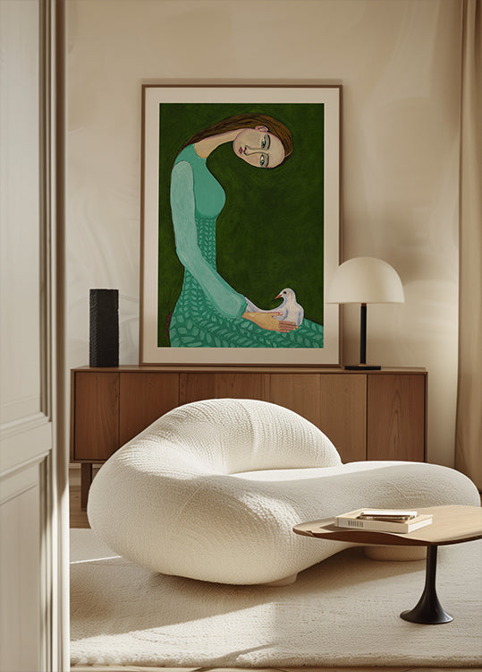 Lady sitting with white dove bird woman Plakat