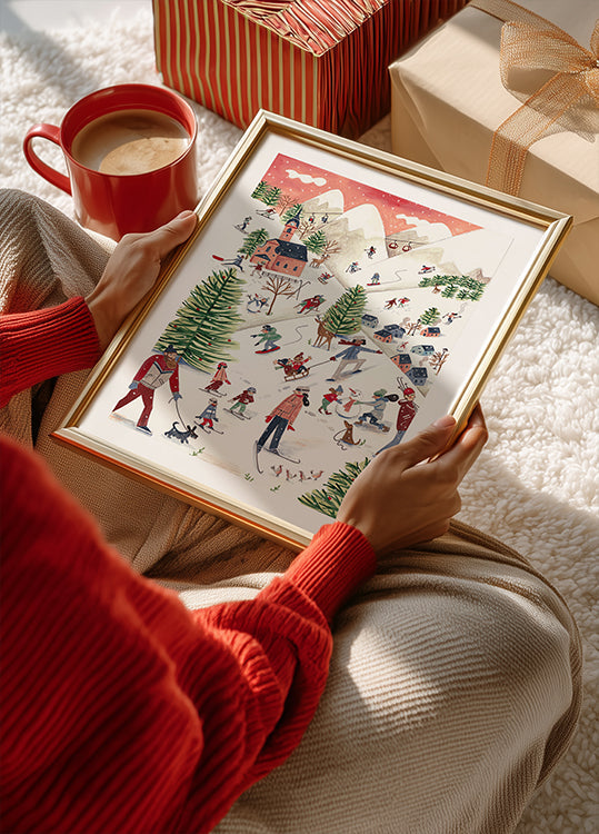 Mountain landscape with houses in the snow Plakat