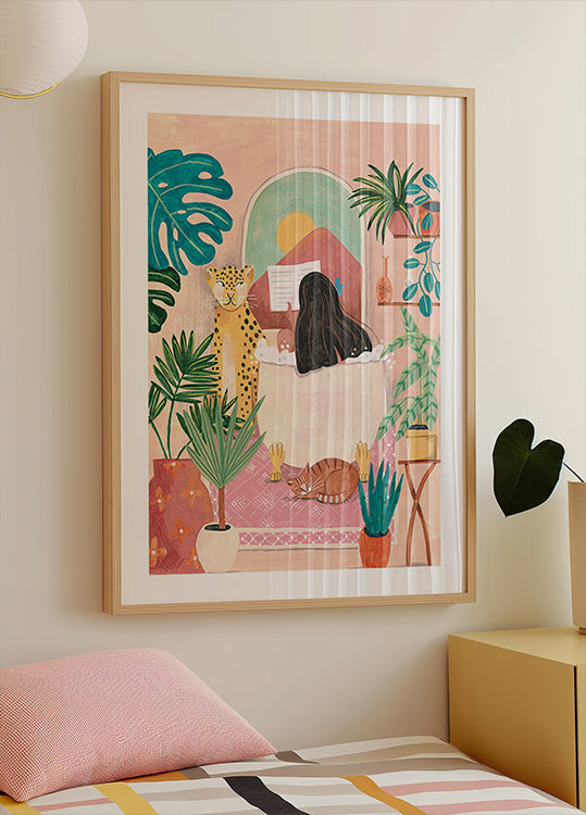 Woman taking bath in pink tropical bathroom Plakat