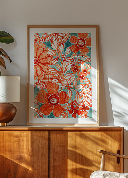 Red Daisies With Aqua Plakat