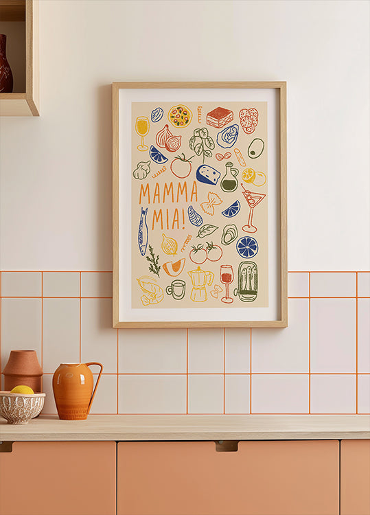 Mamma Mia!, Playful Italian Kitchen With Colorful Food Illustrations Plakat