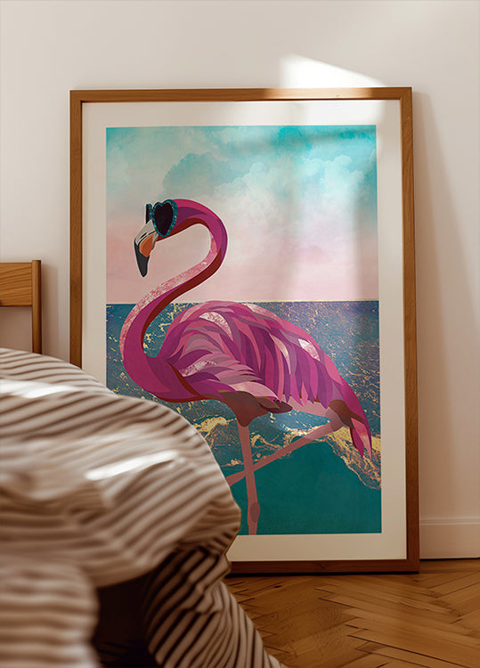 Flamingo goes to the beach Plakat