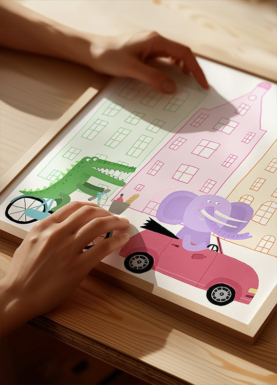 A Crocodile on a Bicycle and an Elephant in a Car Plakat