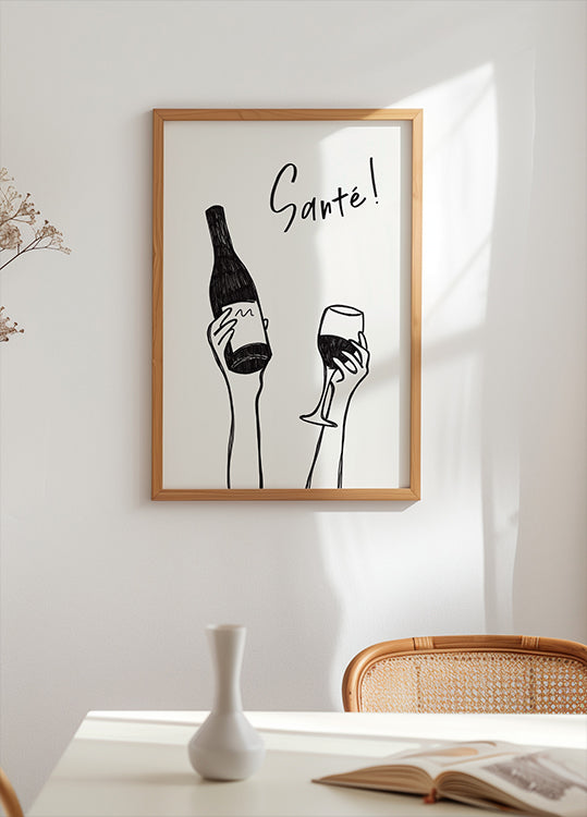 Hands holding a wine bottle and a wine glass with the text &quot;Cheers!&quot; in French Plakat