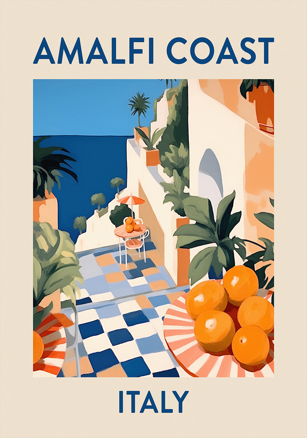 Amalfi Coast Print, Italy Travel Poster, Citrus Terrace Art, Mediterranean Summer Plakat - Posterbox.dk