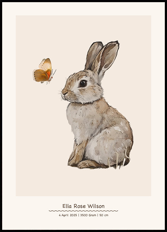 Baby Bunny And Butterfly, Personalized Baby Girl Plakat - Posterbox.dk