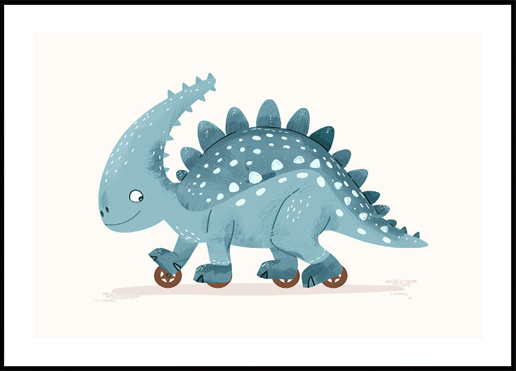 Blue Dinosaur on Wheels Plakat - Posterbox.dk