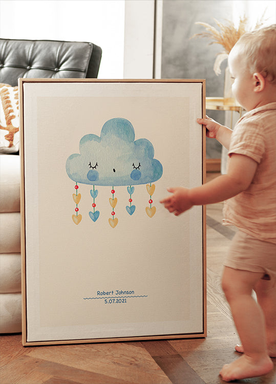 Blue Watercolor Cloud, Personalized Baby Boy Plakat - Posterbox.dk