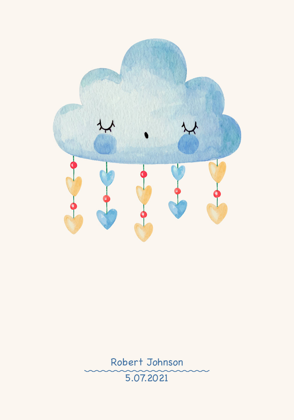 Blue Watercolor Cloud, Personalized Baby Boy Plakat - Posterbox.dk
