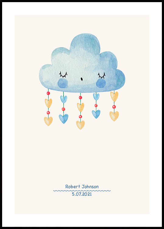 Blue Watercolor Cloud, Personalized Baby Boy Plakat - Posterbox.dk