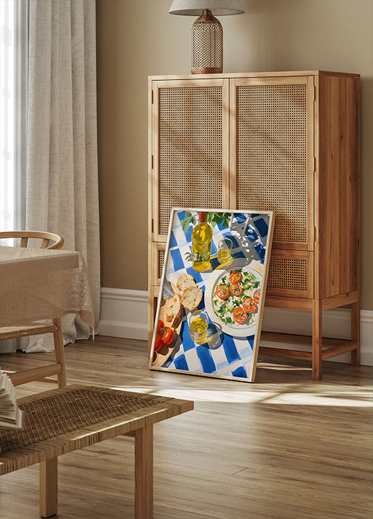 Caprese Lunch on Blue Tiles, Mediterranean food Plakat - Posterbox.dk