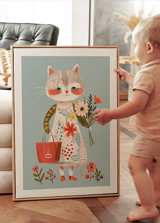 Cat in Floral Dress Holding Flowers Plakat - Posterbox.dk