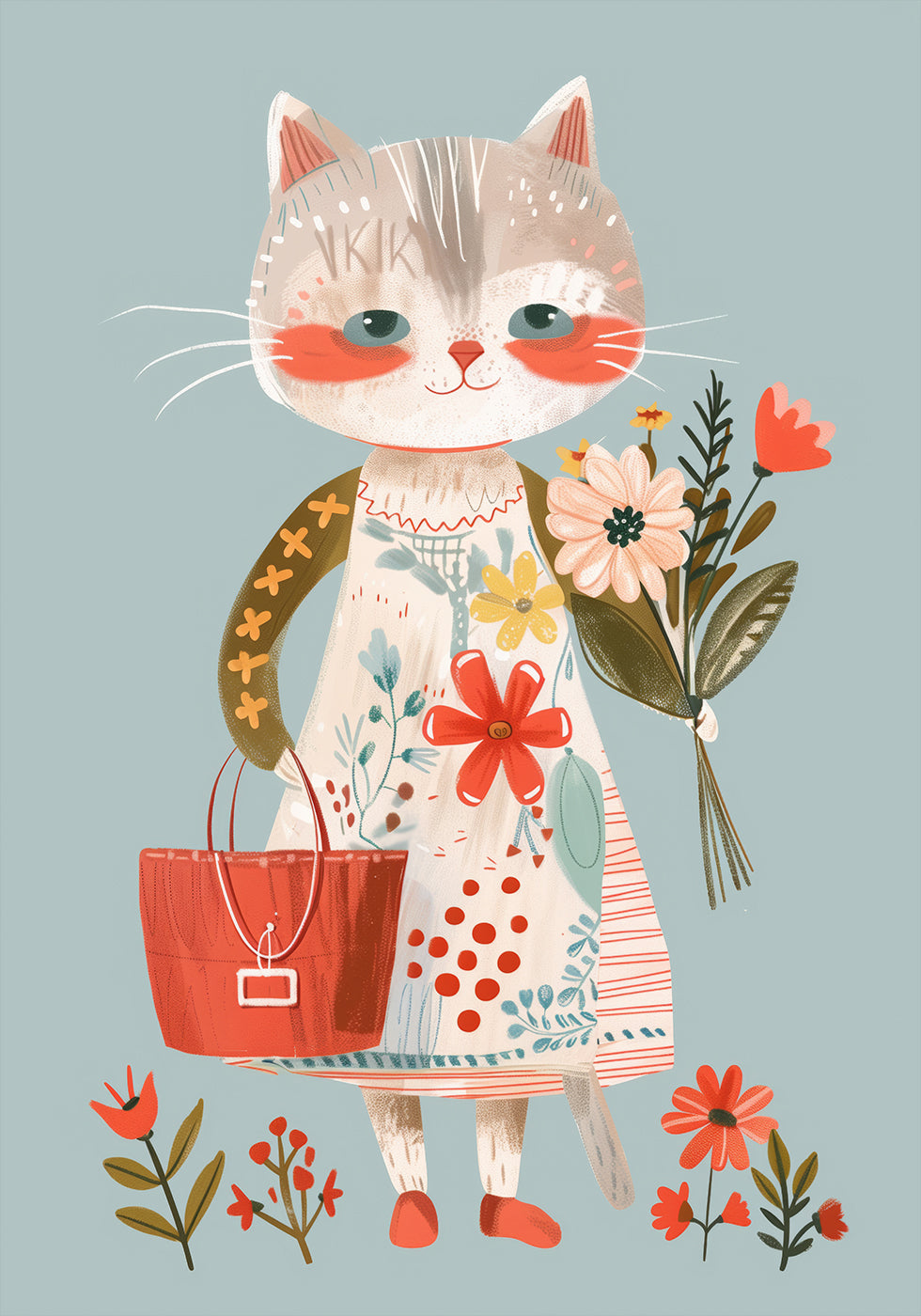Cat in Floral Dress Holding Flowers Plakat - Posterbox.dk