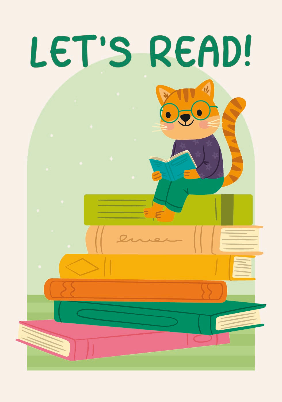 Cat Reading On Book Stack, Let’s Read Plakat - Posterbox.dk