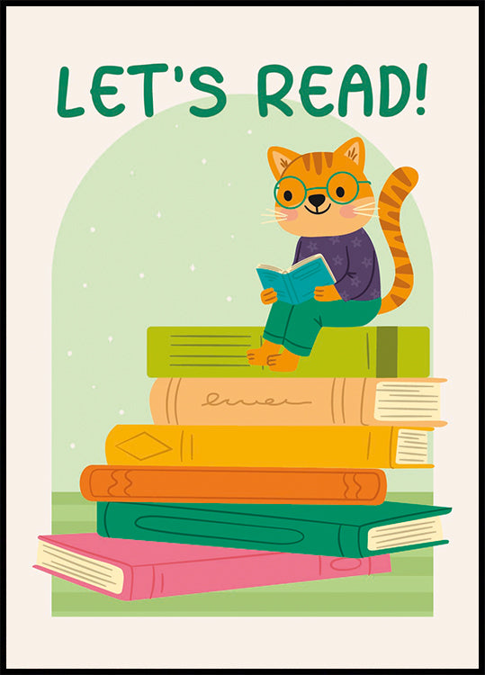 Cat Reading On Book Stack, Let’s Read Plakat - Posterbox.dk