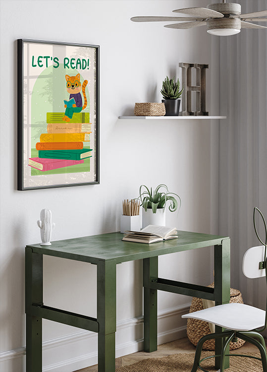 Cat Reading On Book Stack, Let’s Read Plakat - Posterbox.dk