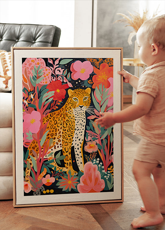 Colorful Leopard and Flowers Plakat - Posterbox.dk