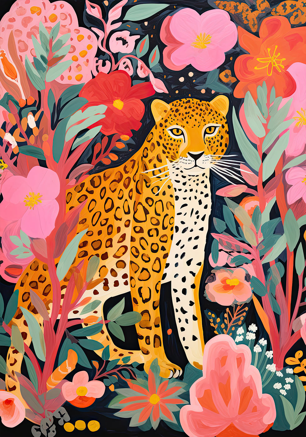 Colorful Leopard and Flowers Plakat - Posterbox.dk