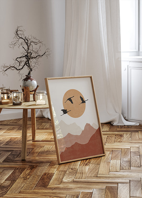 Crane Silhouettes at Sunset Plakat - Posterbox.dk