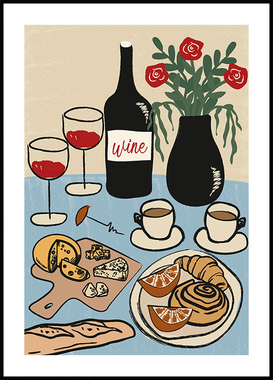 Dinner Table, French Wine and Cheese Setting Plakat - Posterbox.dk
