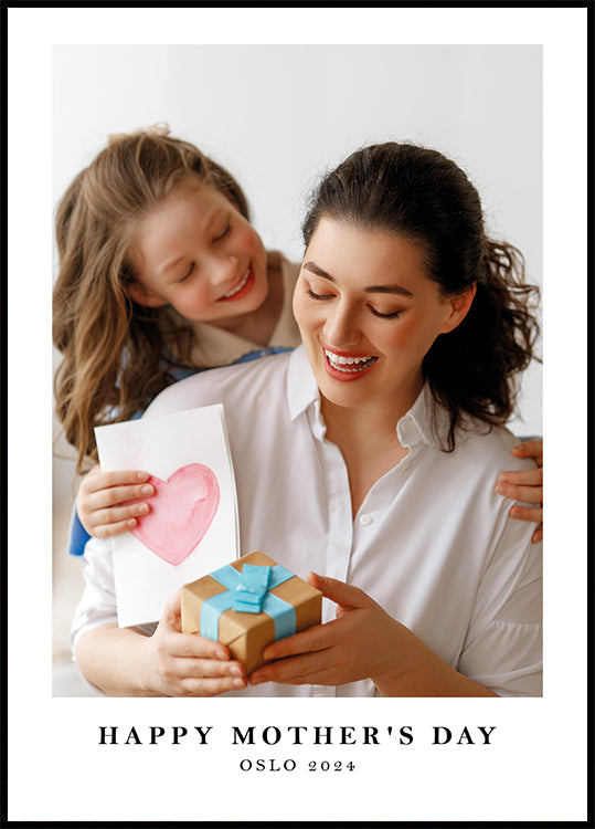 a mother's day card with a picture of a girl holding a present