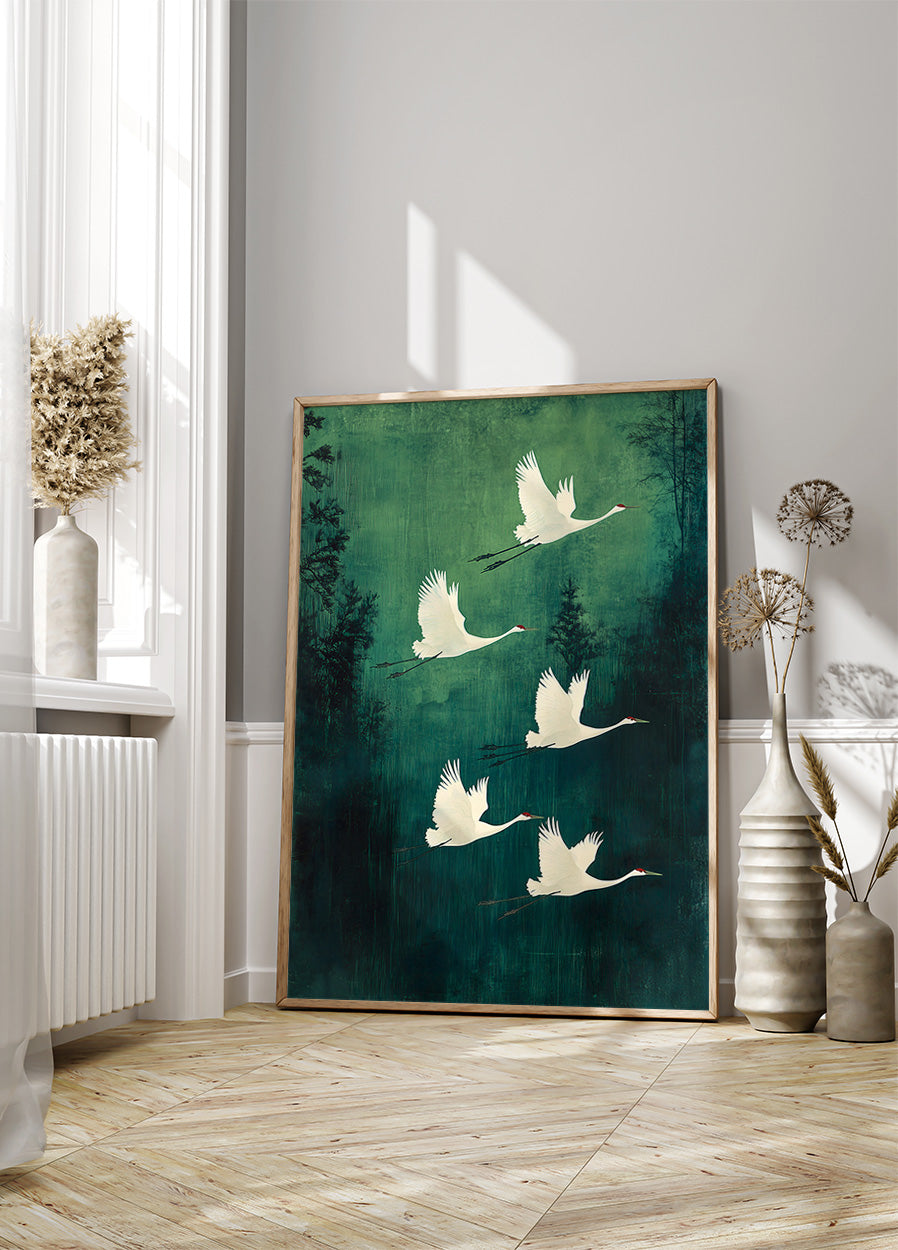 Elegant Flying Cranes Plakat - Posterbox.dk