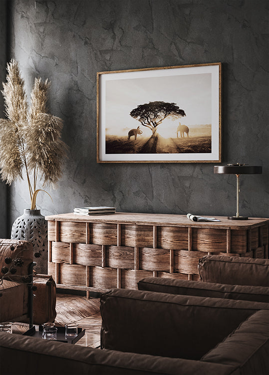 Elephants and Tree at Sunrise Plakat - Posterbox.dk