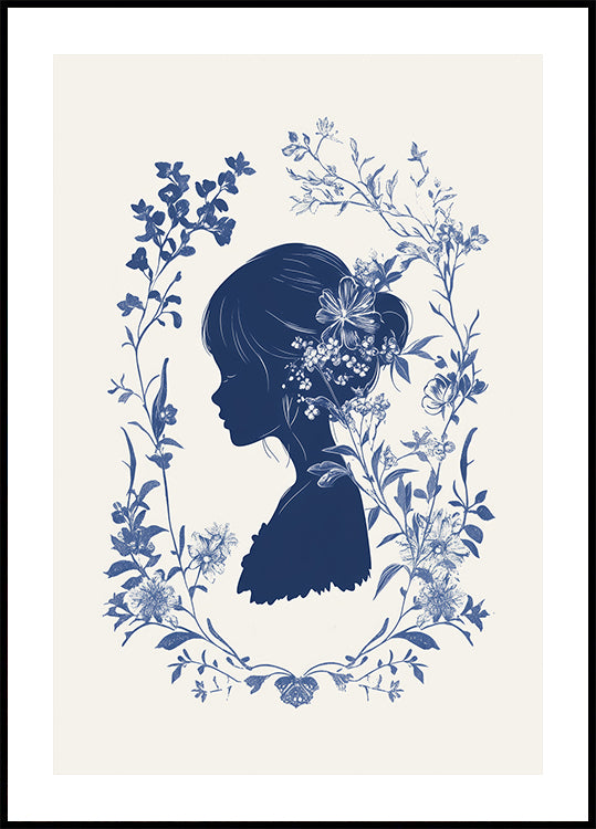 Floral Silhouette, Girl in Bloom, Indigo Botanical Plakat - Posterbox.dk