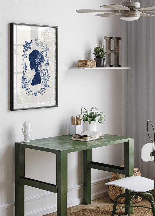 Floral Silhouette, Girl in Bloom, Indigo Botanical Plakat - Posterbox.dk